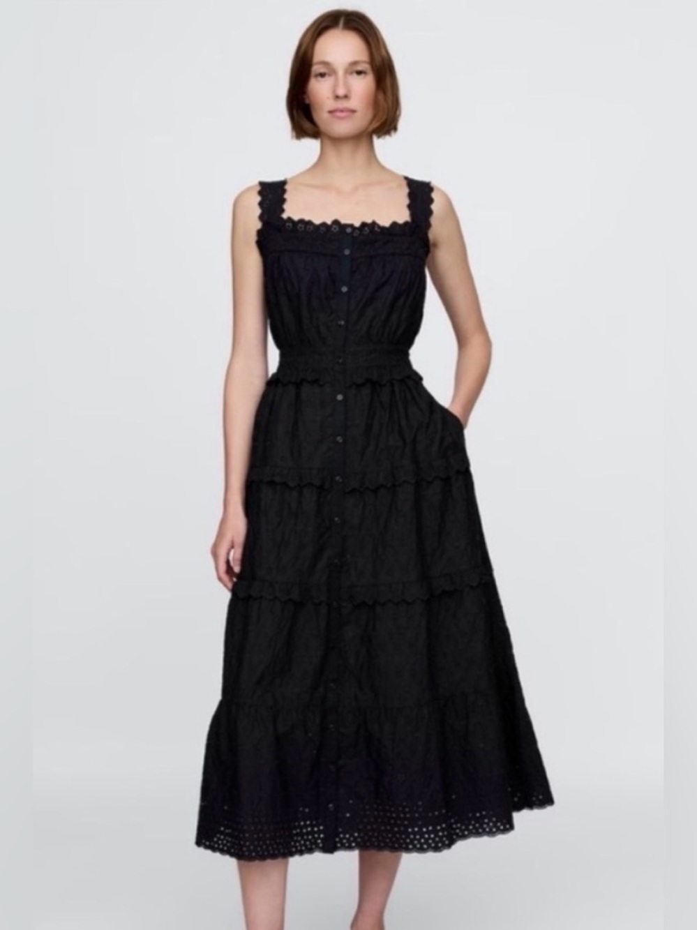 GAP x DOEN XXS Black Cotton Eyelet Midi Dress Exc Cond